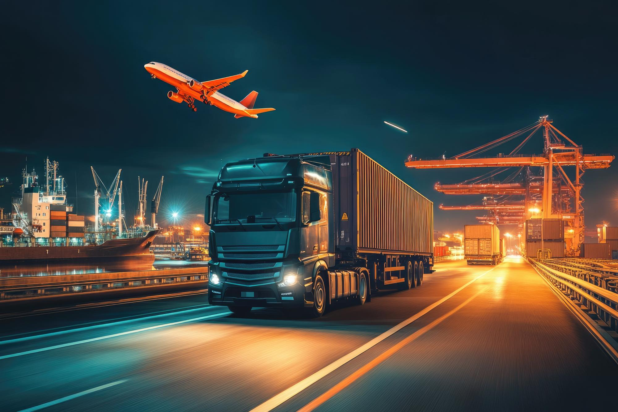 Caminhão, navio e avião cargueiro em operação multimodal noturna