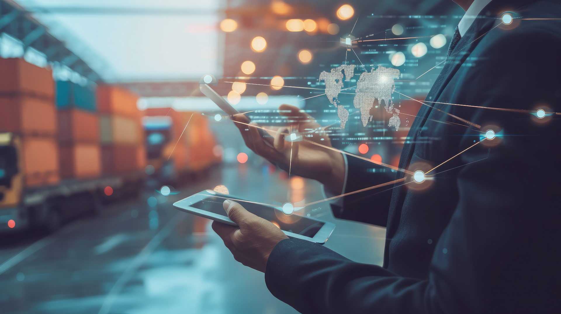 Executivo analisando rede logística global em tablet